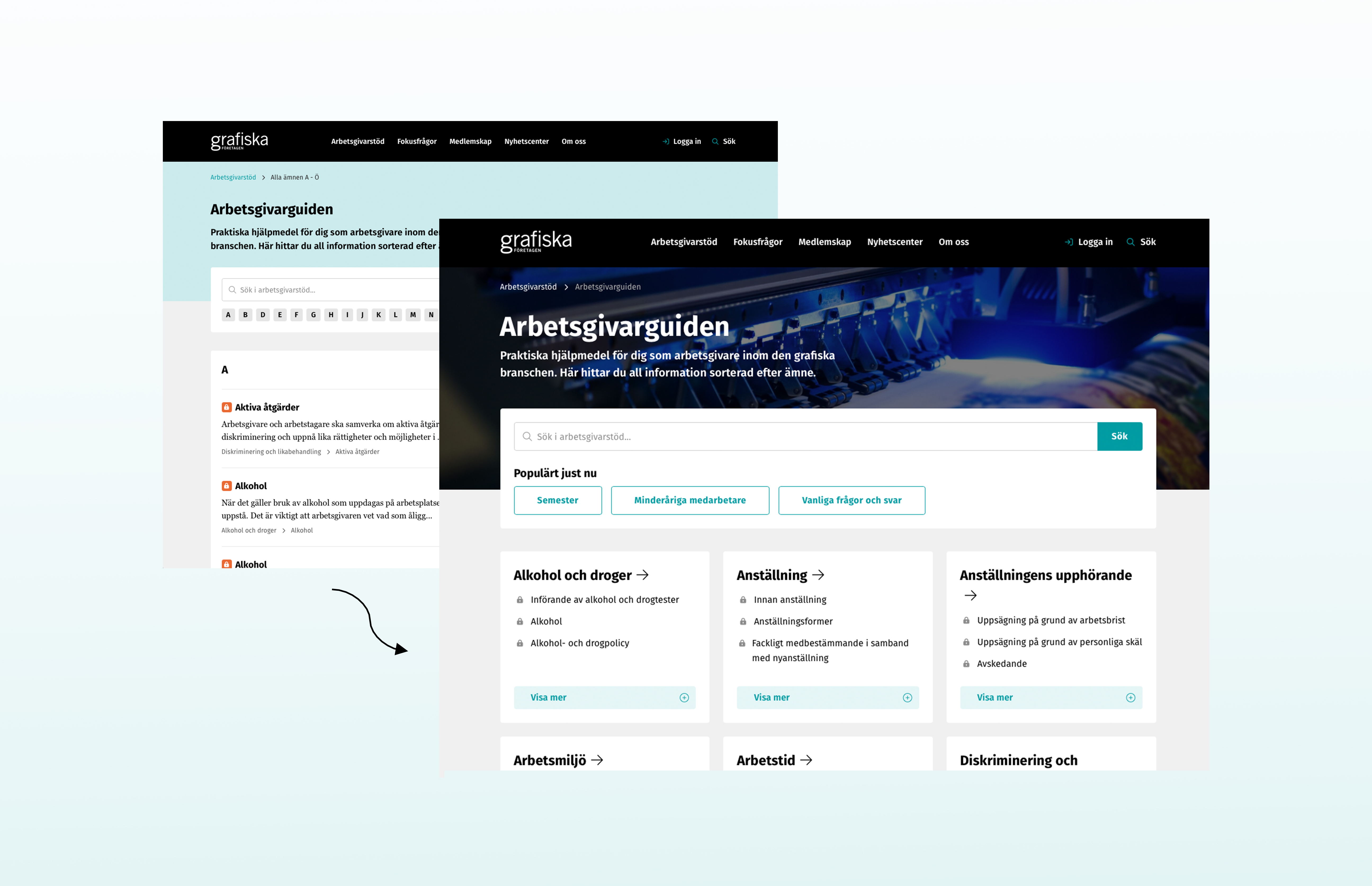 Jämförelsebild mellan tidigare startsida och ny startsida för Arbetsgivarguiden.