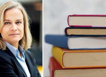Bild på Eva Glückman, vd Grafiska Företagen, och en trave böcker.