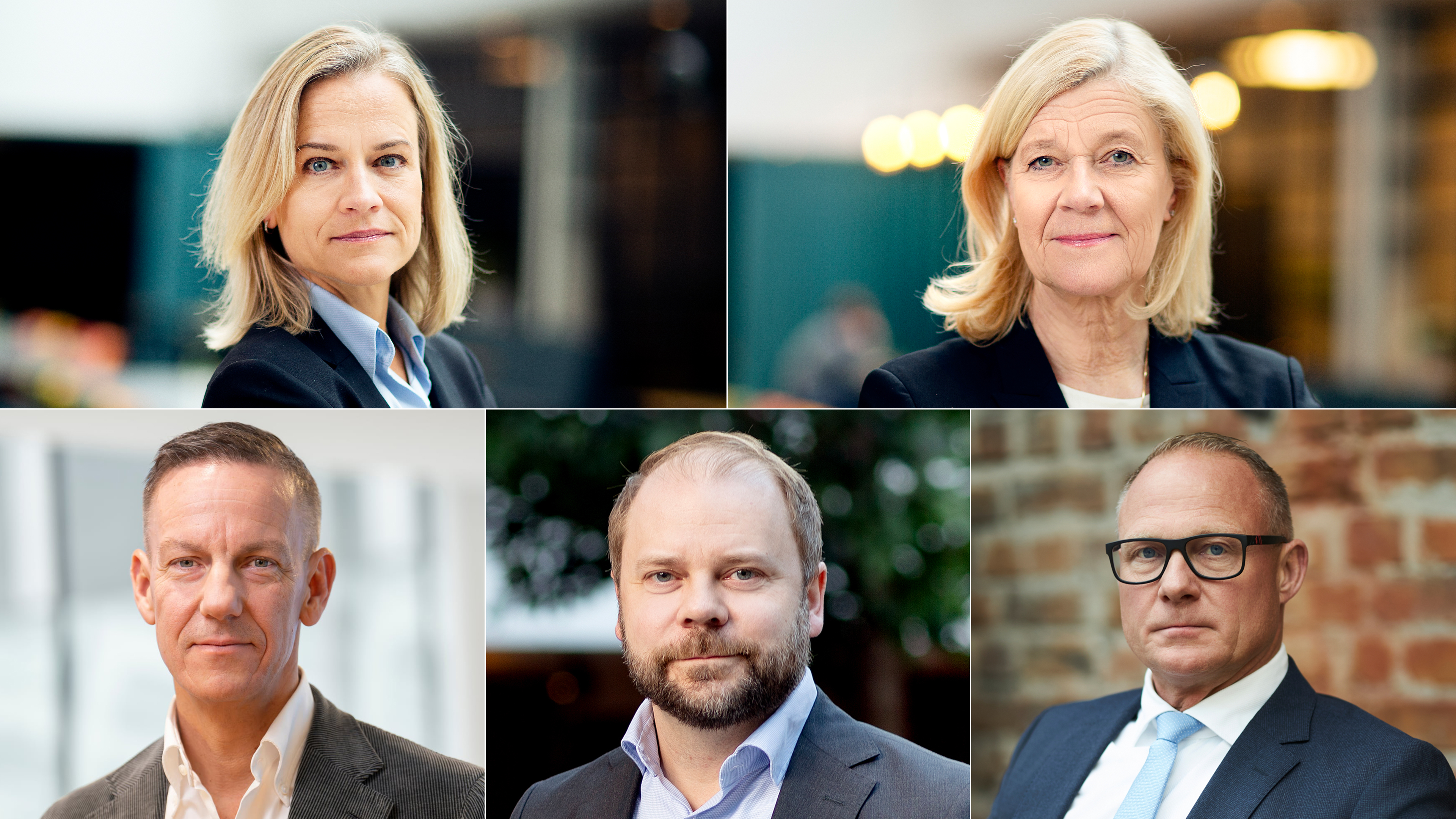 Kollage med bilder på Eva Glückman (Grafiska Företagen), Lena-Liisa Tengblad (Gröna arbetsgivare), Jakob Tellgren (IKEM), Erik Haara (TMF), och Björn Hellman (Livsmedelsföretagen).