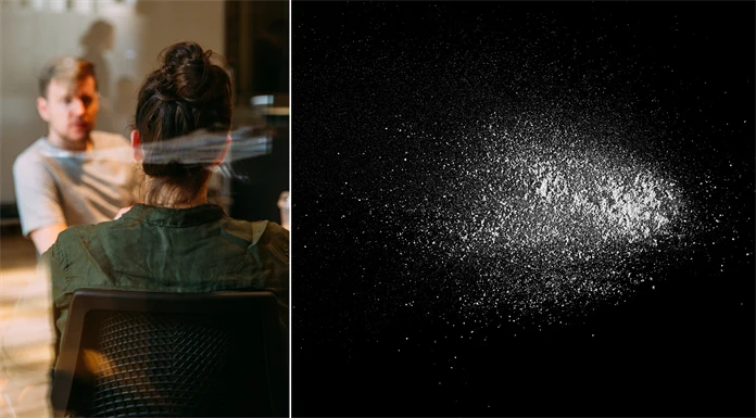 Genrebilder. En bild på två personer i möte och en på vitt pulver.