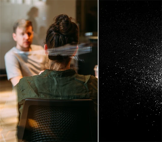 Genrebilder. En bild på två personer i möte och en på vitt pulver.