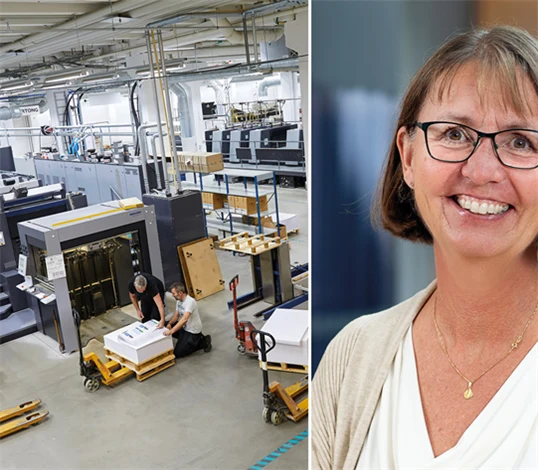 Bild från ett tryckeri och porträttbild på Åsa Samuelsson.