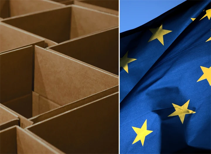 Kartonger och EU-flagga