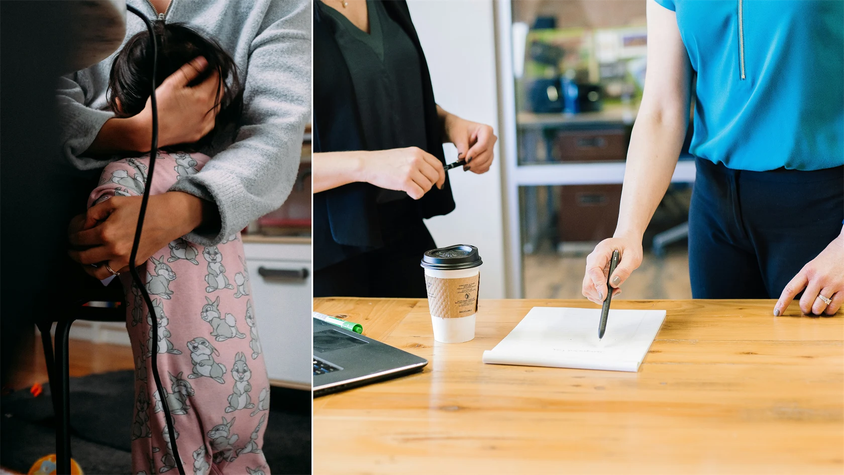 Kollage som föreställer två olika bilder. En bild på en mamma som håller i sitt barn, och den andra bild på två personer som står vid ett bord och pratar.