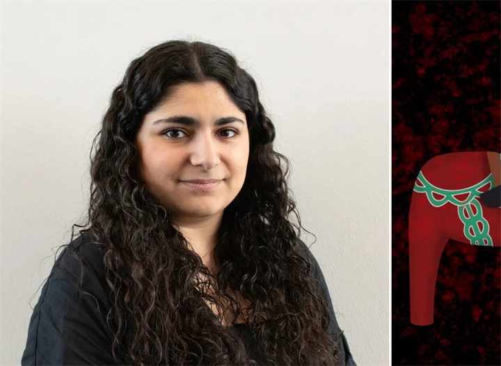 Bild på Linnea Chahoud (Mittuniversitetet) och hennes verk ”Dalahäst”.