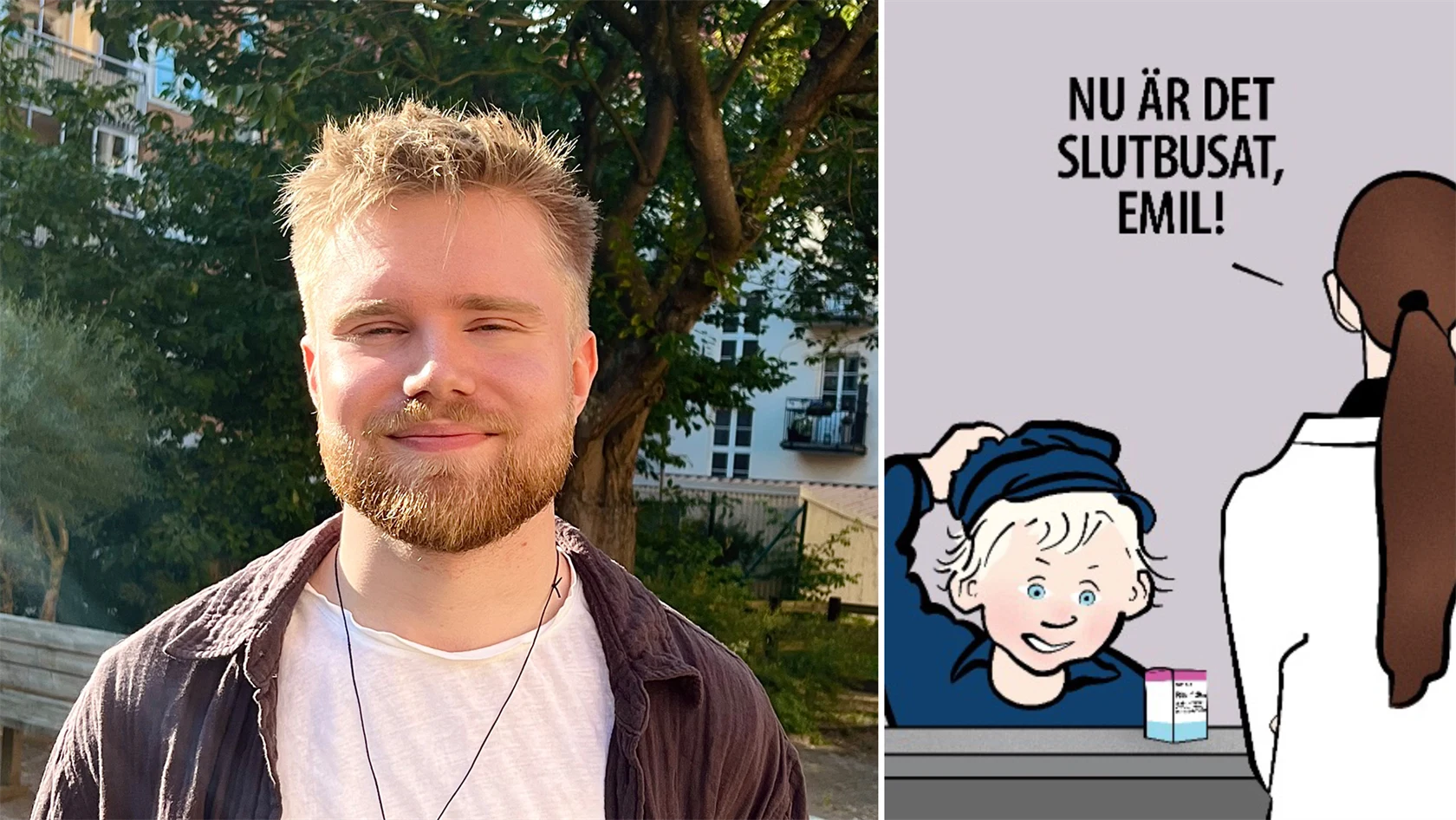 Bild på Olle Pettersson (Malmö universitet) och hans verk ”Eeeemil, din hyperaktiva onge!”.