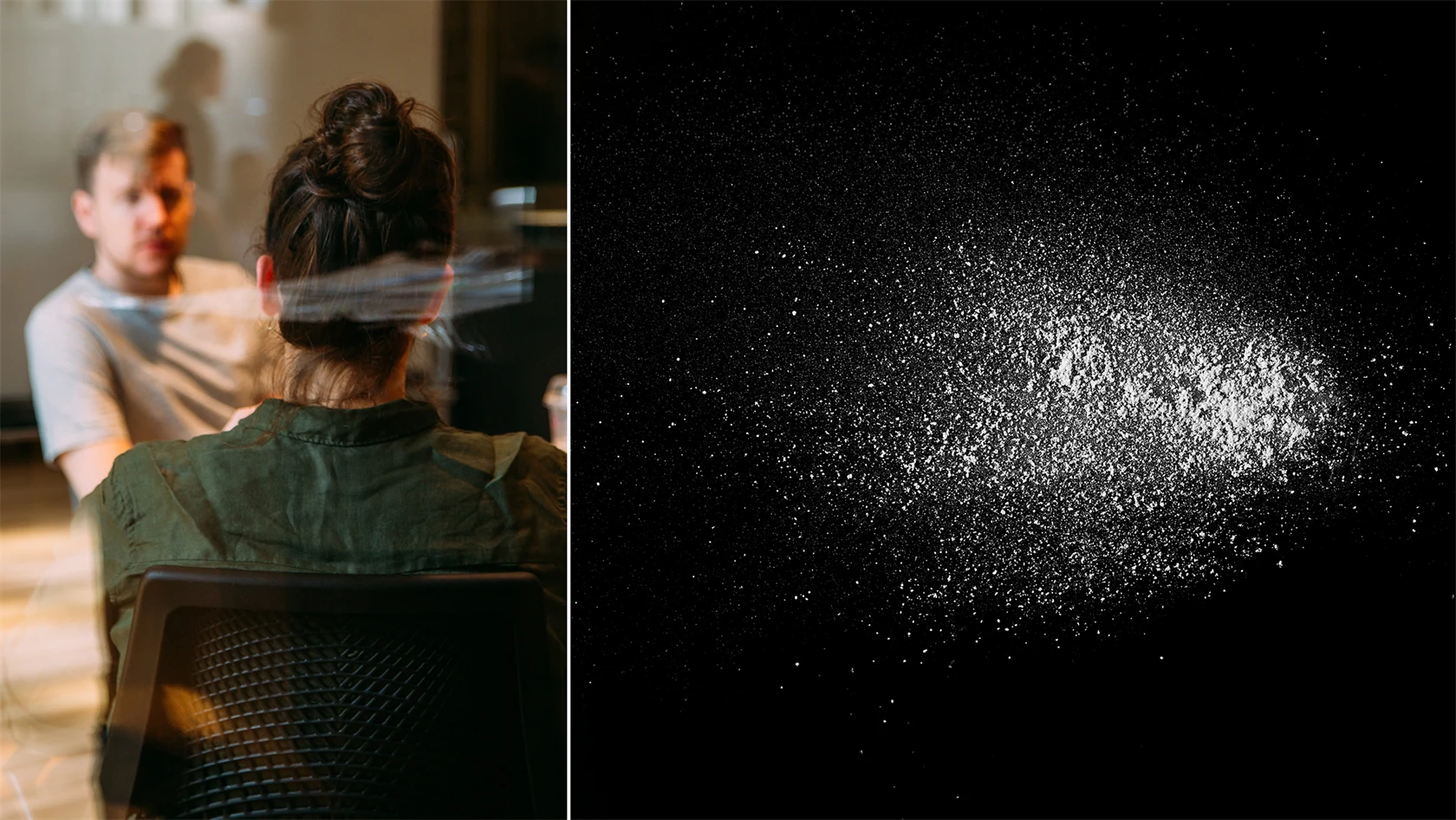 Genrebilder. En bild på två personer i möte och en på vitt pulver.