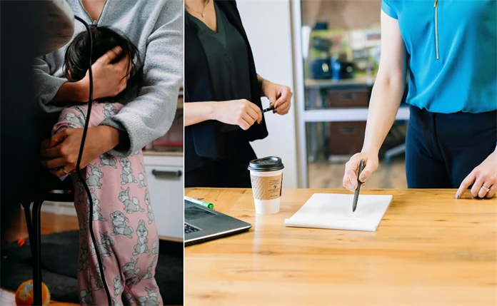 Kollage som föreställer två olika bilder. En bild på en mamma som håller i sitt barn, och den andra bild på två personer som står vid ett bord och pratar.