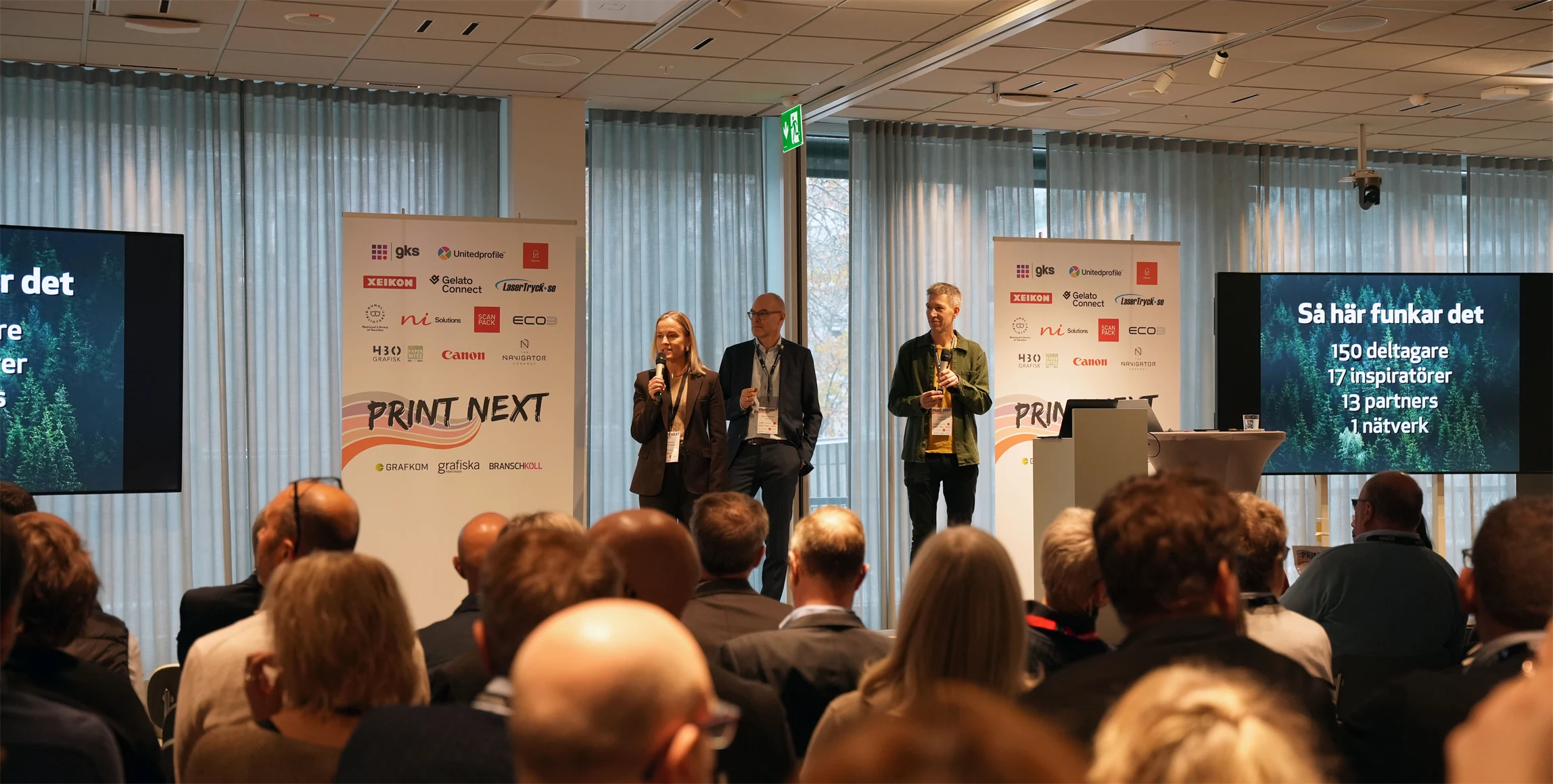 Bild på Eva Glückman, Grafiska Företagen, Magnus Thorkildsen, Grafkom, och Ola Karlsson, Branschkoll & Grafkom.