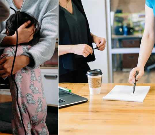 Kollage som föreställer två olika bilder. En bild på en mamma som håller i sitt barn, och den andra bild på två personer som står vid ett bord och pratar.