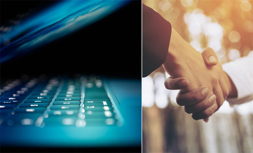 Bild på en laptop och ett handslag.