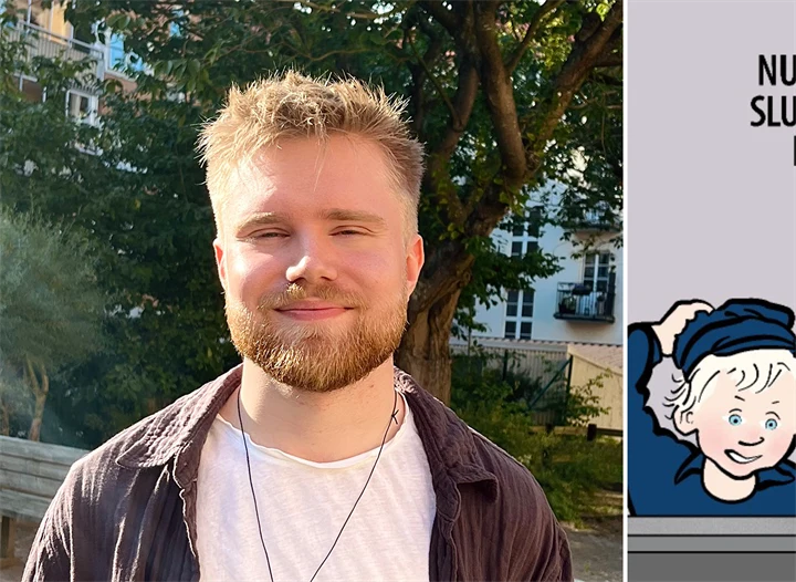 Bild på Olle Pettersson (Malmö universitet) och hans verk ”Eeeemil, din hyperaktiva onge!”.